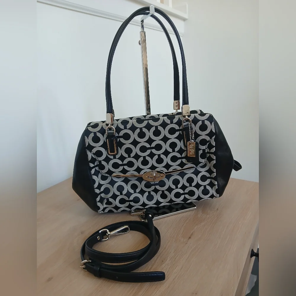 Coach Madison Small Madeline East West Satchel Leather Trim Op Art Fabric